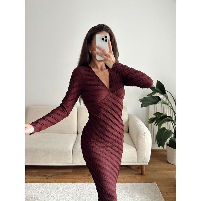 V Yaka Ters Dikiş Elbise - BORDO