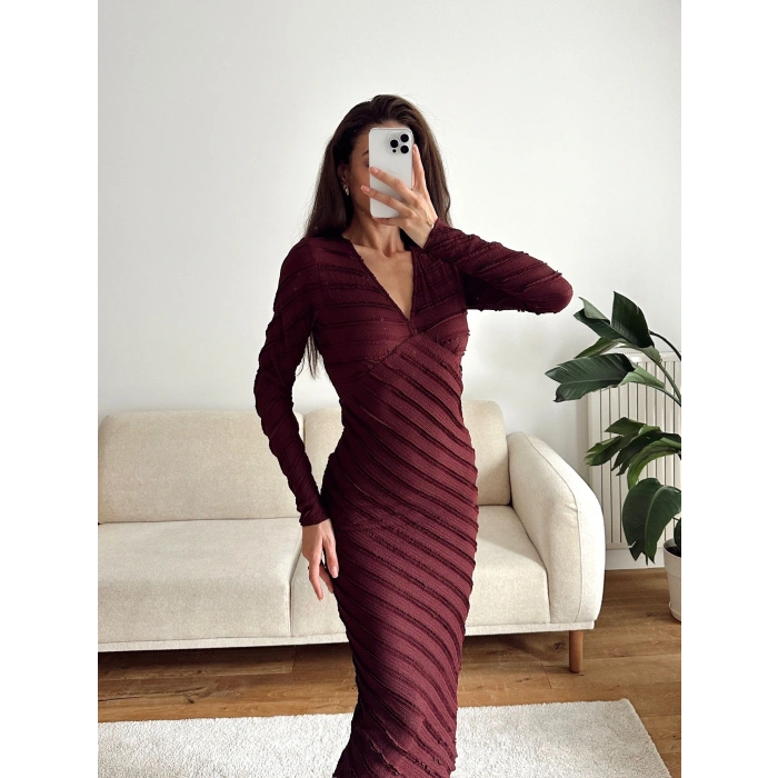V Yaka Ters Dikiş Elbise - BORDO
