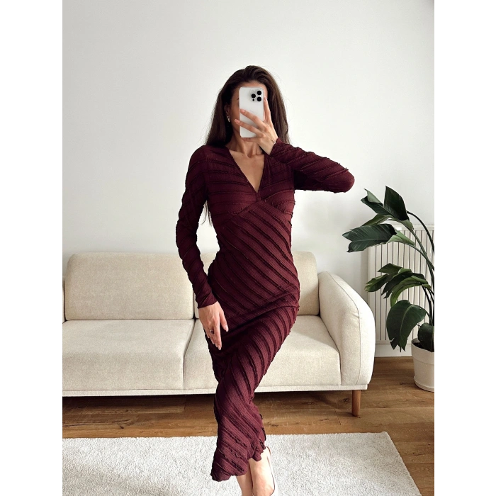 V Yaka Ters Dikiş Elbise - BORDO