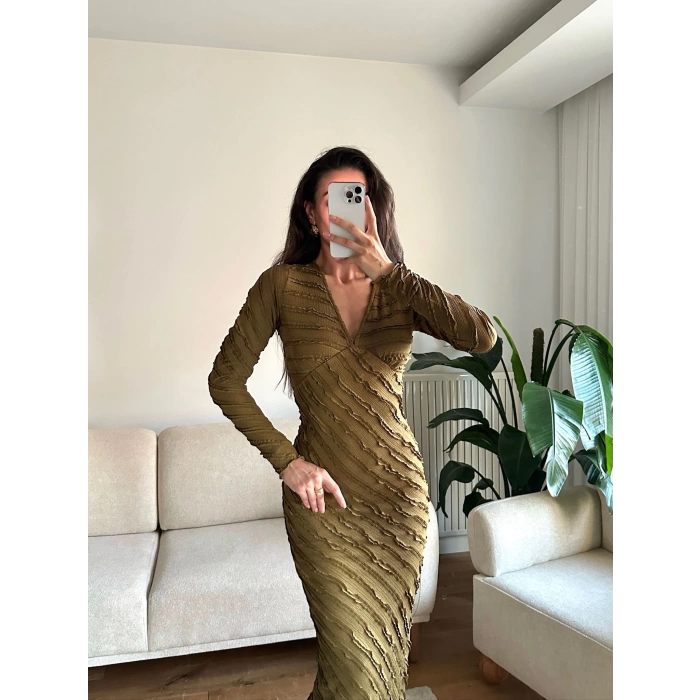V Yaka Ters Dikiş Elbise - HAKİ