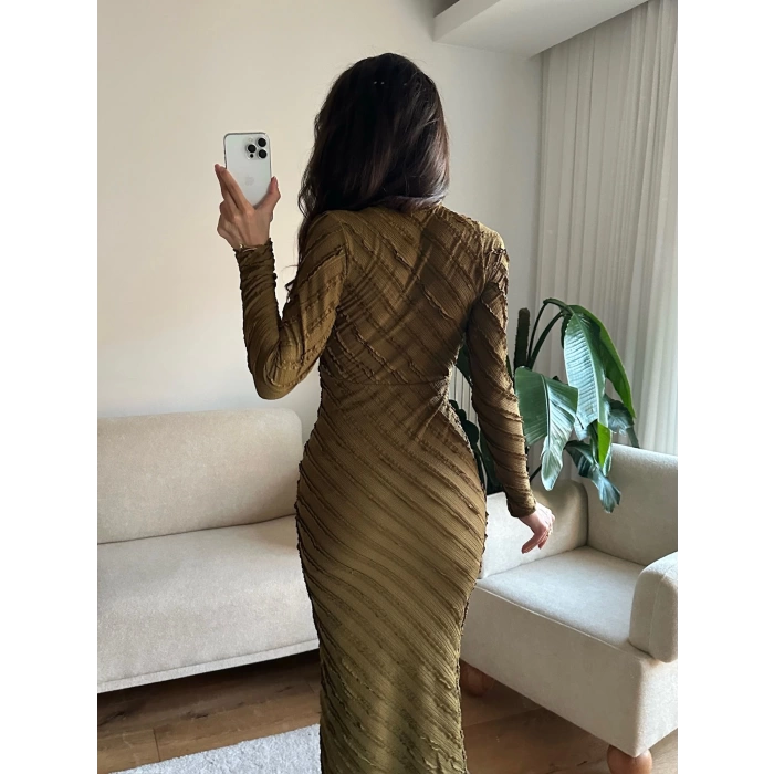 V Yaka Ters Dikiş Elbise - HAKİ