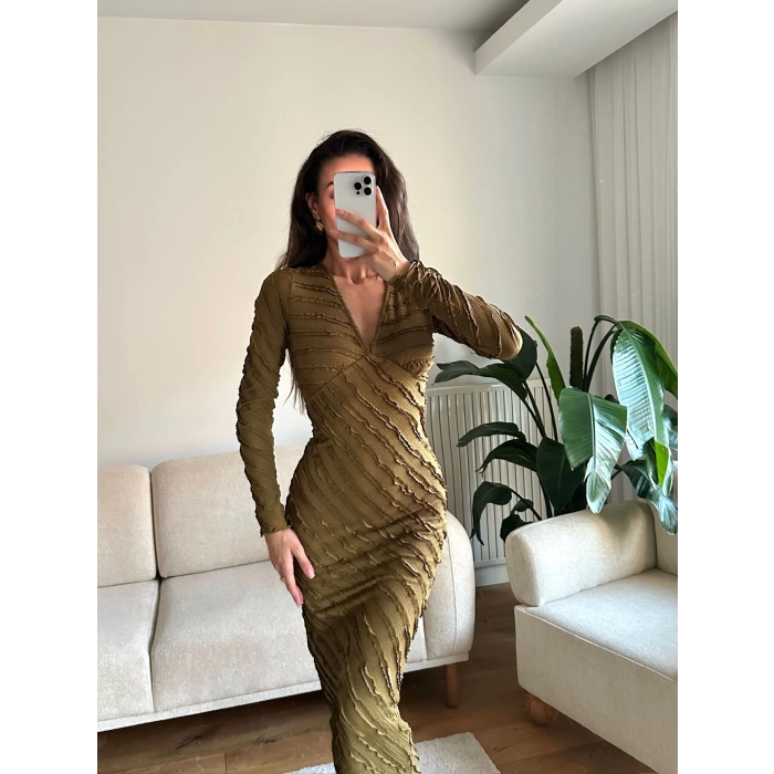 V Yaka Ters Dikiş Elbise - HAKİ