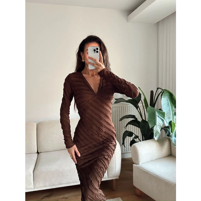 V Yaka Ters Dikiş Elbise - KAHVE