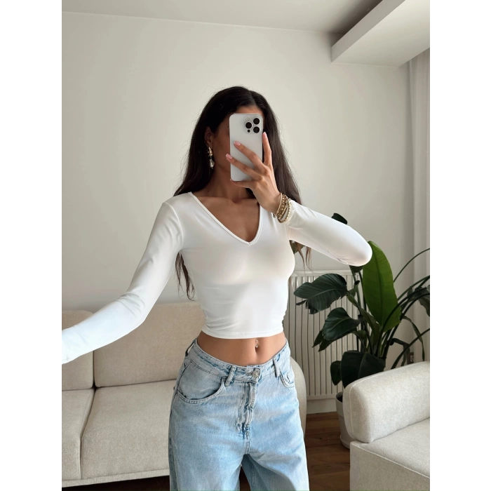 V Yaka Uzun Kol Crop. - BEYAZ