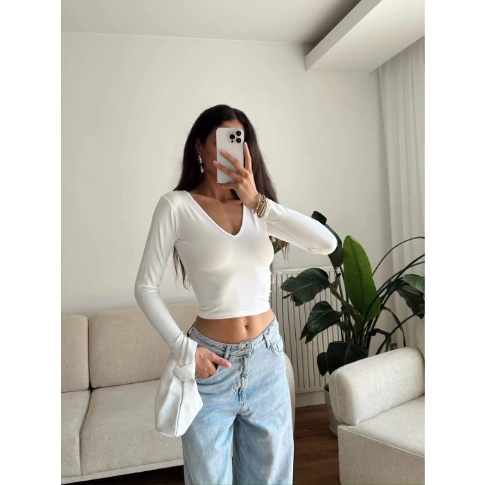 V Yaka Uzun Kol Crop. - BEYAZ