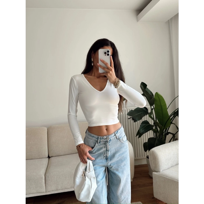 V Yaka Uzun Kol Crop. - BEYAZ