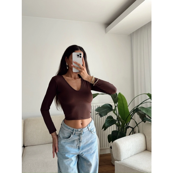 V Yaka Uzun Kol Crop - KAHVE
