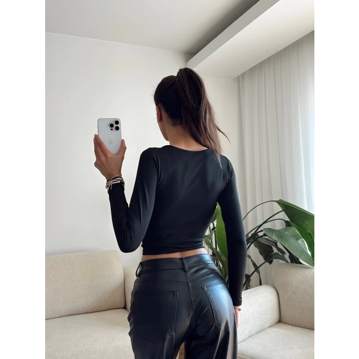 V Yaka Uzun Kol Crop - SİYAH