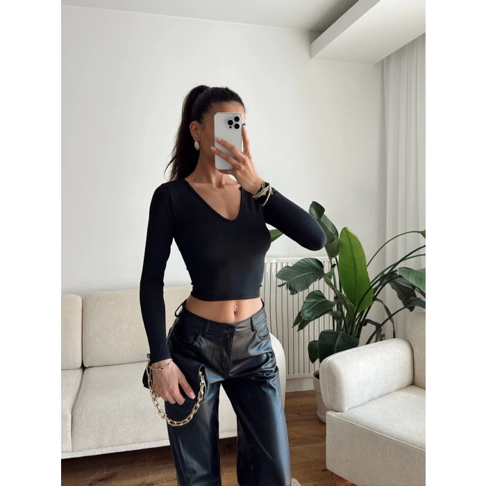 V Yaka Uzun Kol Crop - SİYAH