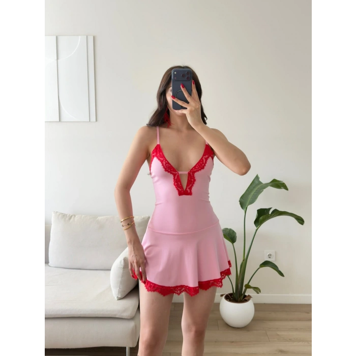 Valentina Dantel Detaylı Mini Elbise - PEMBE