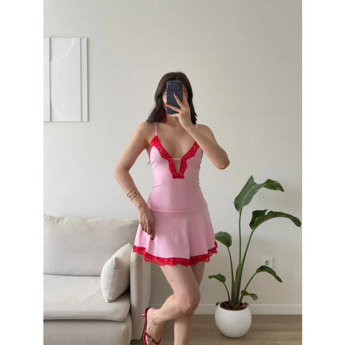 Valentina Dantel Detaylı Mini Elbise - PEMBE