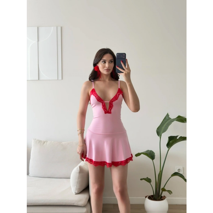 Valentina Dantel Detaylı Mini Elbise - PEMBE