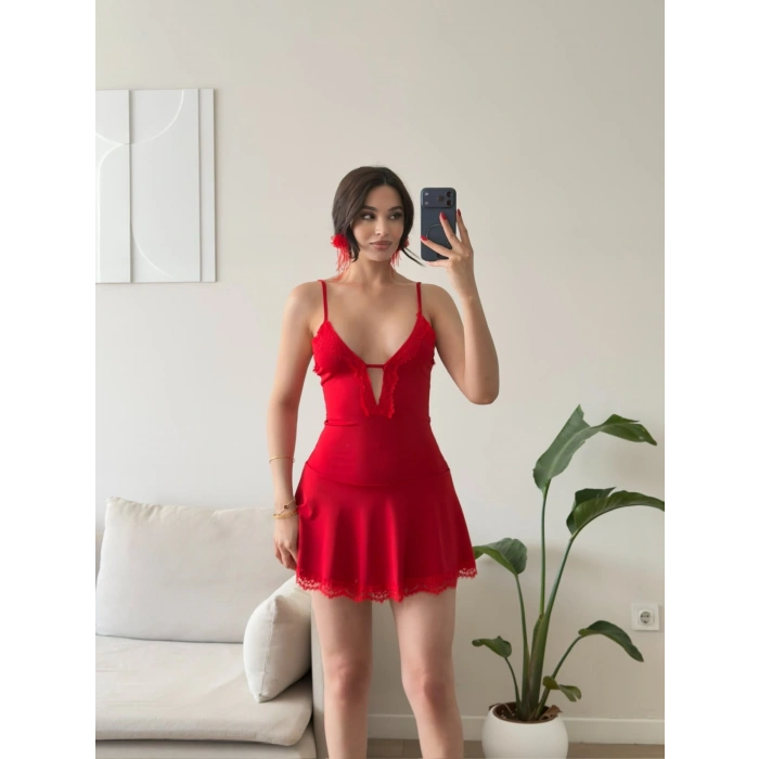 Valentina Dantel Detaylı Mini Elbise - KIRMIZI
