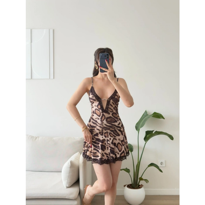 Valentina Dantel Detaylı Mini Elbise - LEOPAR
