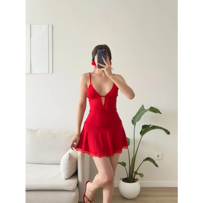 Valentina Dantel Detaylı Mini Elbise - KIRMIZI