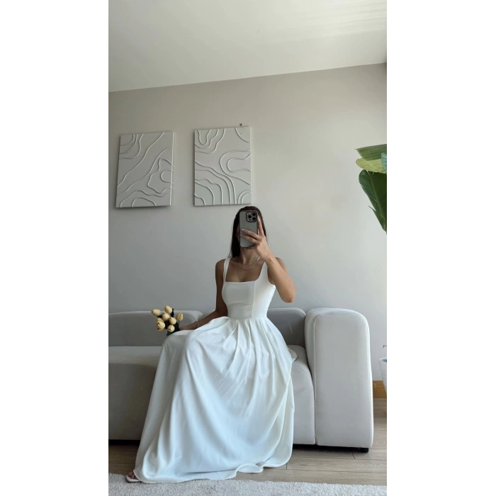 Valeria Kare Yaka Midi Elbise - BEYAZ