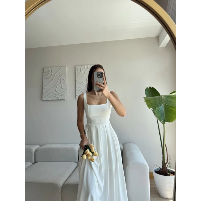 Valeria Kare Yaka Midi Elbise - BEYAZ