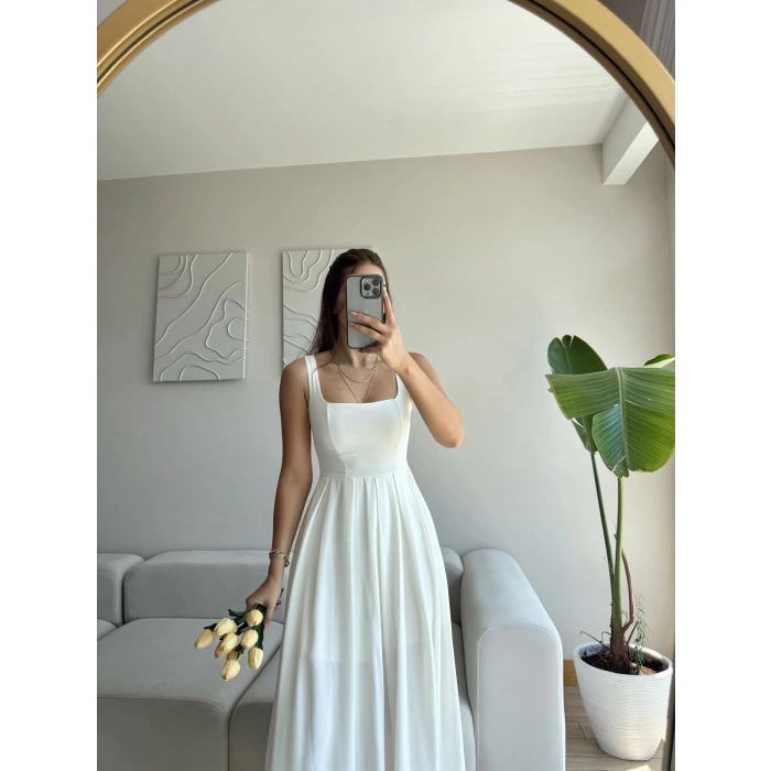 Valeria Kare Yaka Midi Elbise - BEYAZ