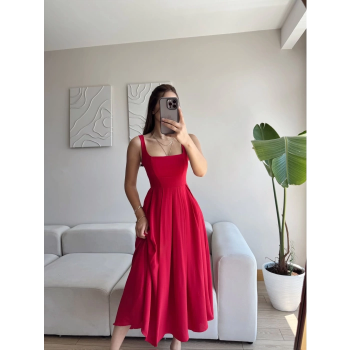 Valeria Kare Yaka Midi Elbise - KIRMIZI