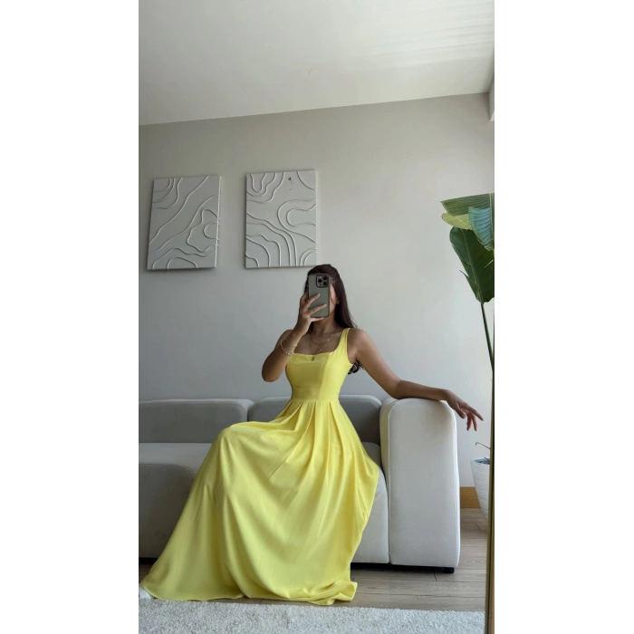 Valeria Kare Yaka Midi Elbise - SARI