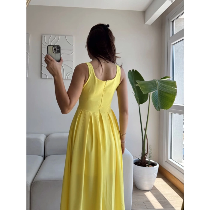 Valeria Kare Yaka Midi Elbise - SARI