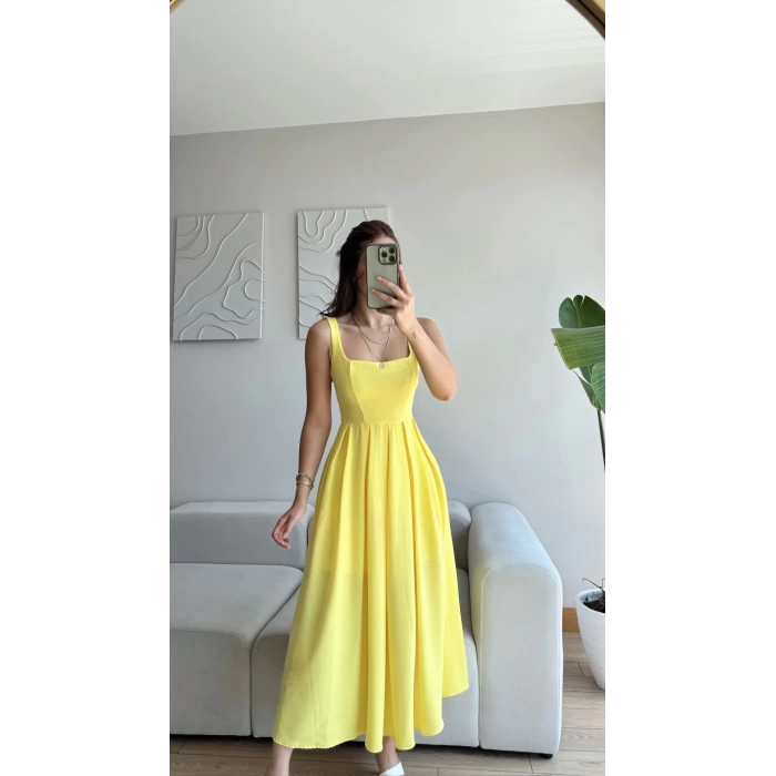 Valeria Kare Yaka Midi Elbise - SARI
