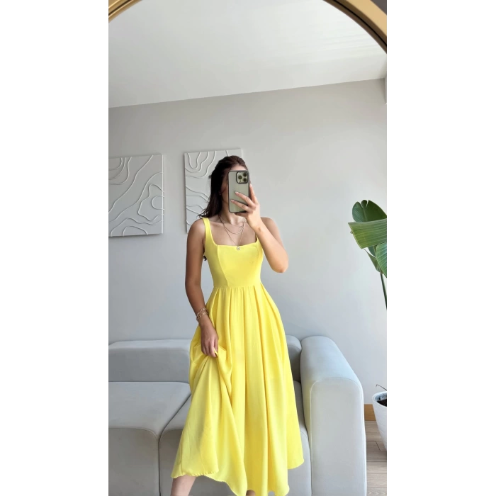 Valeria Kare Yaka Midi Elbise - SARI