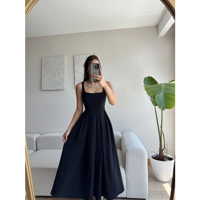 Valeria Kare Yaka Midi Elbise - SİYAH