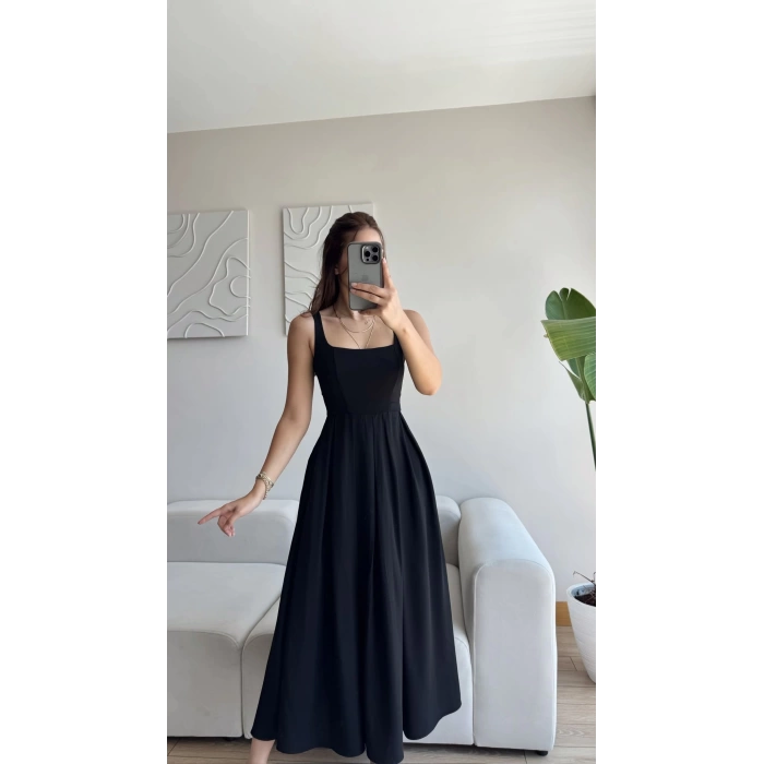 Valeria Kare Yaka Midi Elbise - SİYAH
