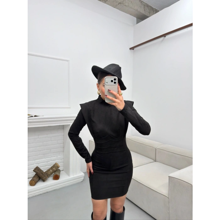 Vatkalı Bel Korse Elbise - SİYAH