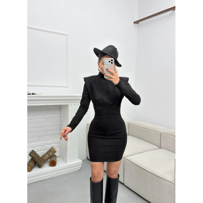 Vatkalı Bel Korse Elbise - SİYAH