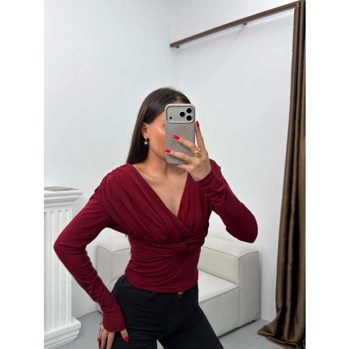Vatkalı Drapeli Bluz - BORDO