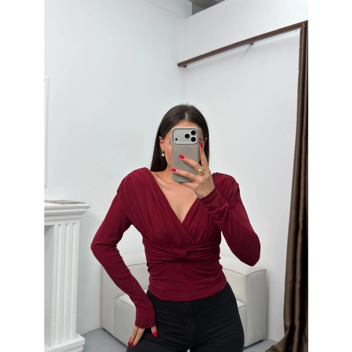 Vatkalı Drapeli Bluz - BORDO