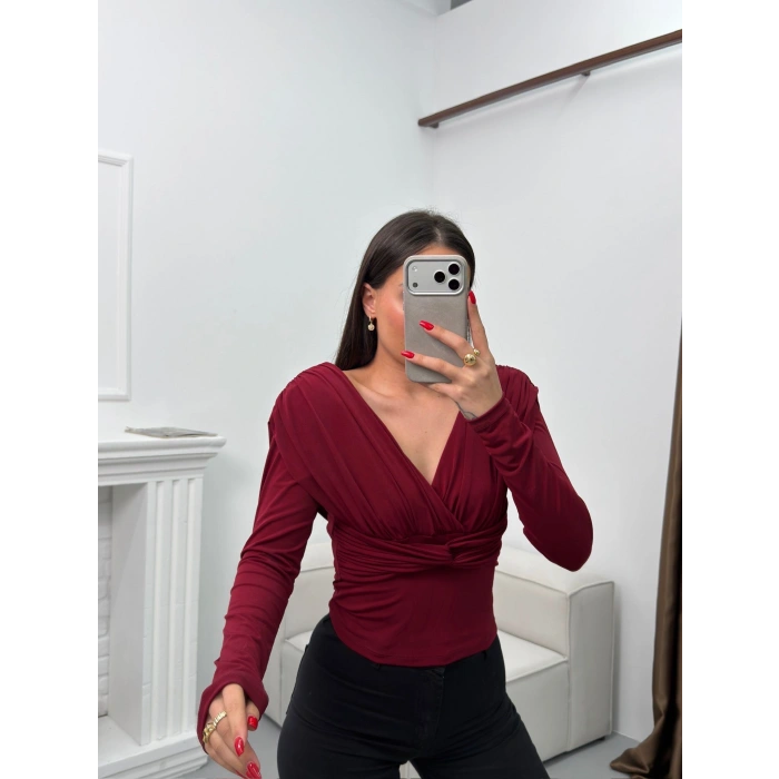 Vatkalı Drapeli Bluz - BORDO