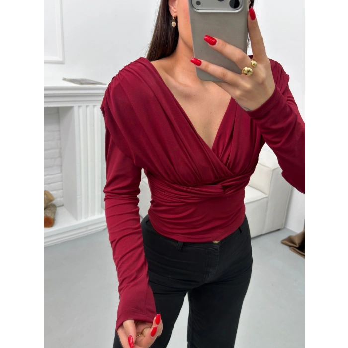 Vatkalı Drapeli Bluz - BORDO