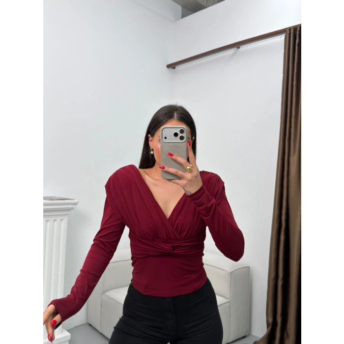 Vatkalı Drapeli Bluz - BORDO
