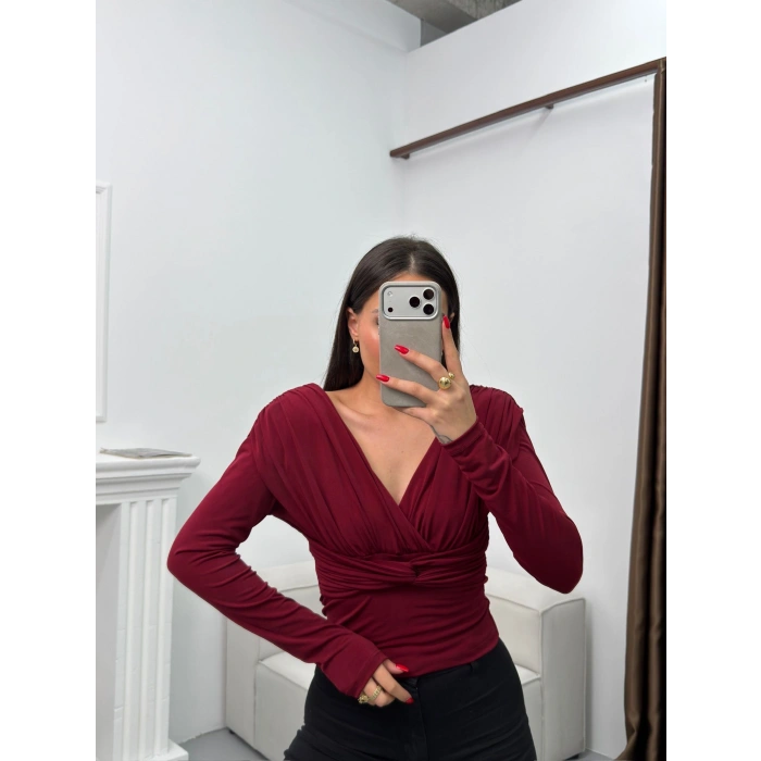 Vatkalı Drapeli Bluz - BORDO