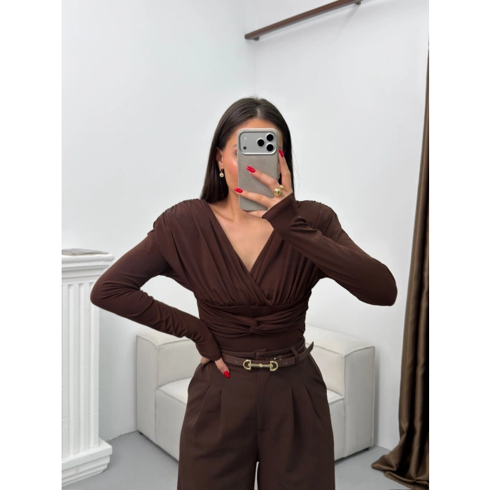 Vatkalı Drapeli Bluz - KAHVE