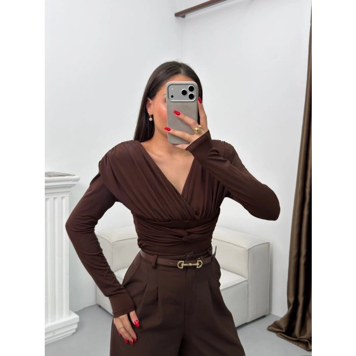 Vatkalı Drapeli Bluz - KAHVE