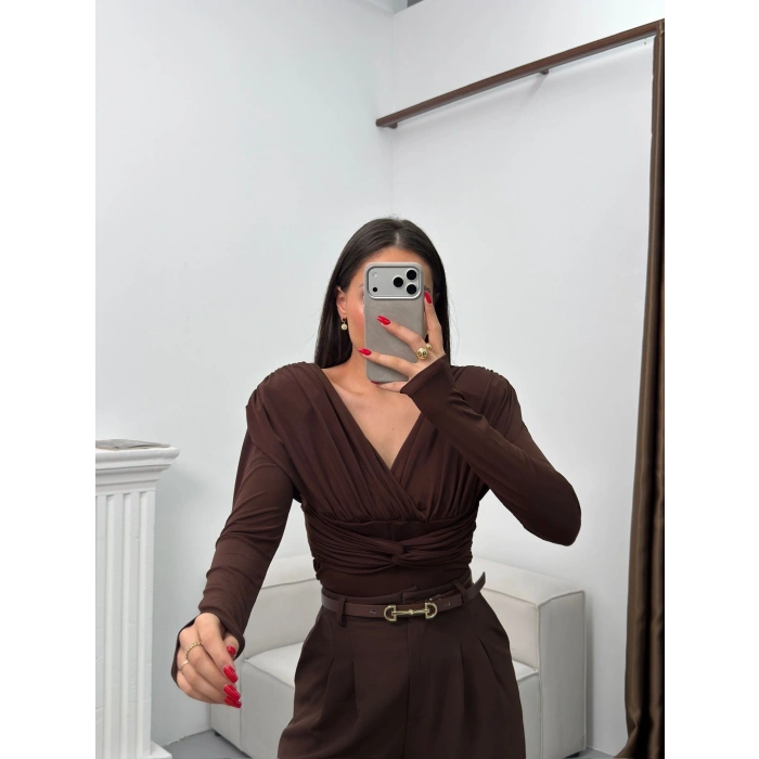 Vatkalı Drapeli Bluz - KAHVE