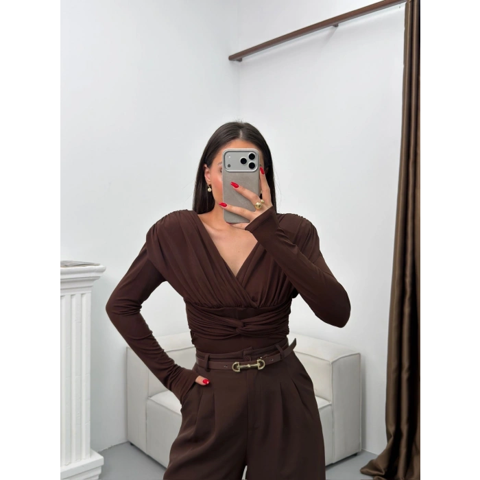 Vatkalı Drapeli Bluz - KAHVE