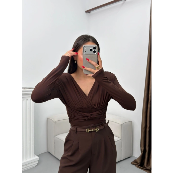 Vatkalı Drapeli Bluz - KAHVE