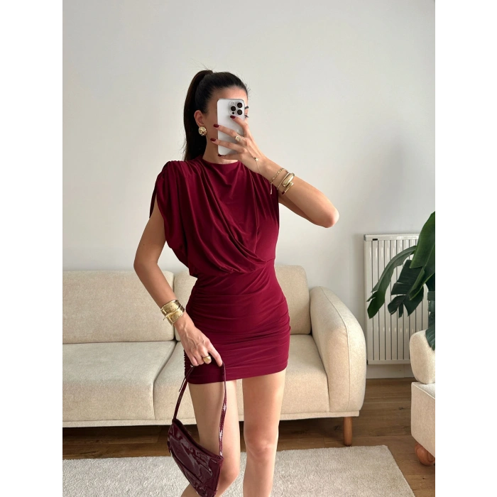 Vatkalı Drapeli Elbise - BORDO