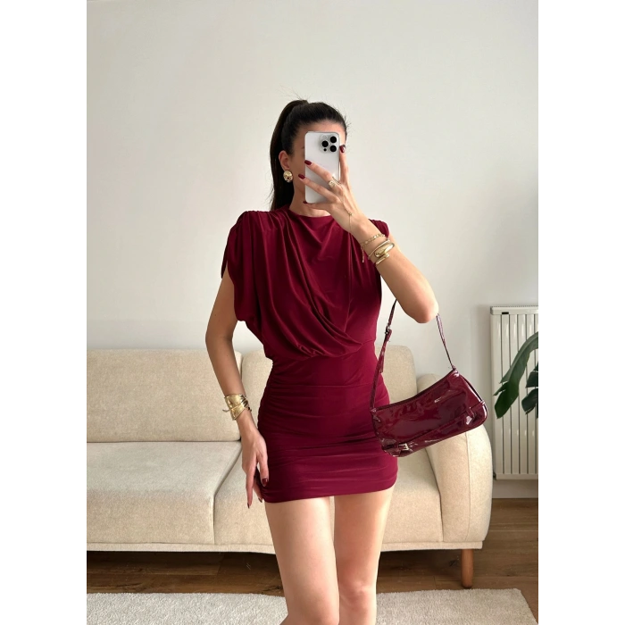 Vatkalı Drapeli Elbise - BORDO