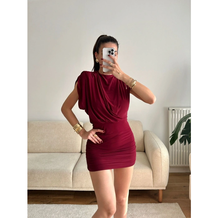 Vatkalı Drapeli Elbise - BORDO
