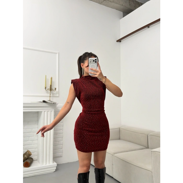 Vatkalı Taşlı Elbise - BORDO