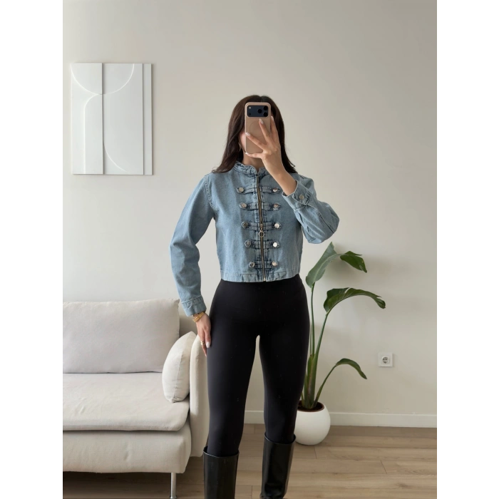 Vintage Düğmeli Denim Ceket - MAVİ