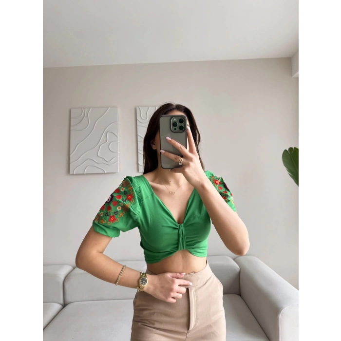 Vintage Karpuz Kol Crop - YEŞİL