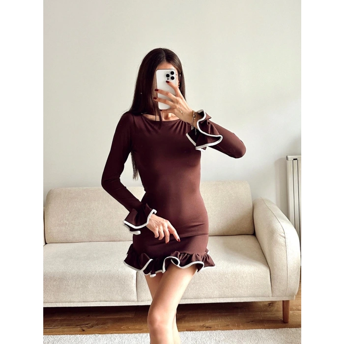 Volan Detaylı Siyah Mini Elbise - KAHVE
