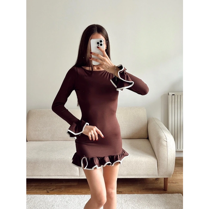 Volan Detaylı Siyah Mini Elbise - KAHVE